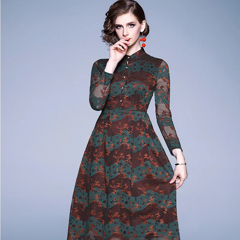 Осеннее женское платье Новое Кружевное с длинным рукавом тонкое размера плюс