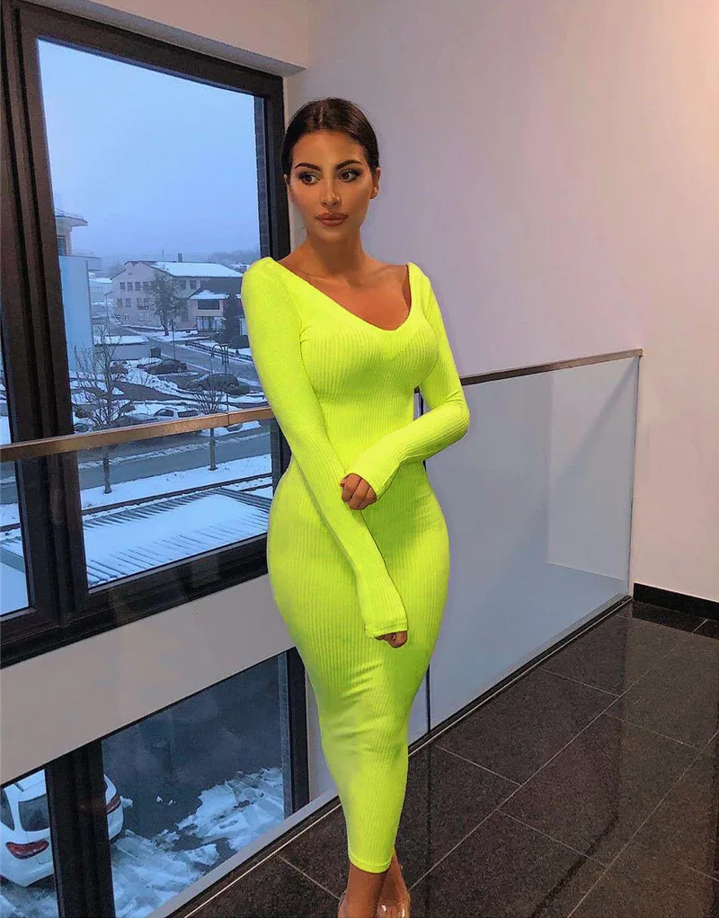 Ladies Sexy V-neck Knitted Dress Spring Autumn Women Fashionable Solid Color Long Sleeve Slim Skirt for Shopping | Женская одежда