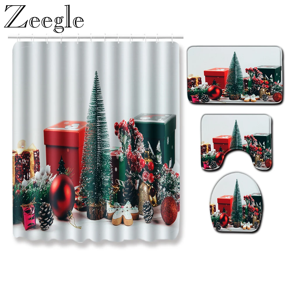 

Christmas Bathroom Curtain Waterproof Shower Curtain Non-slip Bath Mat Set Absorbent Toilet Pedestal Rug Batnroom Shower Doormat