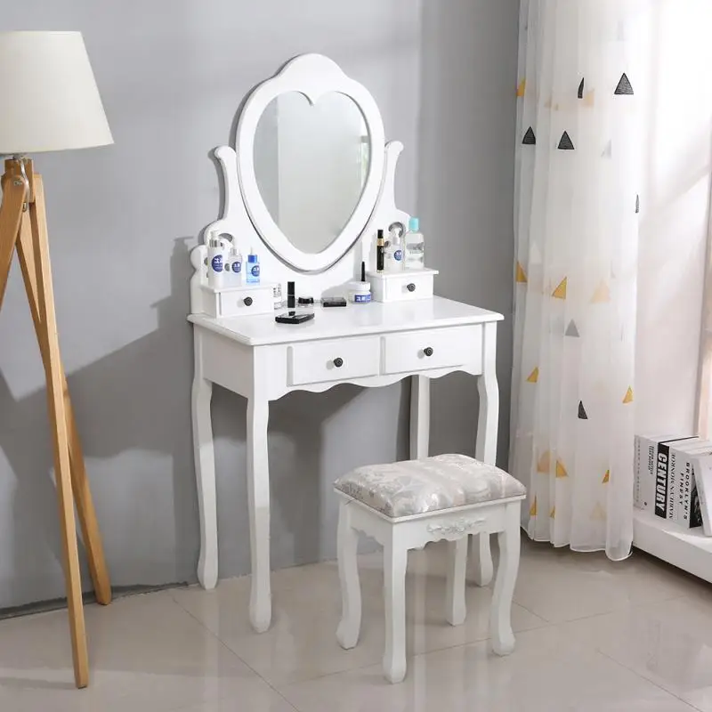 

Wood Makeup Vanity Table And Stool Set With 2 Drawers & Mirror Indoor Makeup Desk Exquisite Girls Must-have HWC