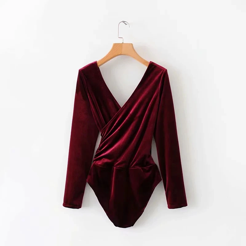 Женский бархатный комбинезон с v образным вырезом длинным рукавом и открытой