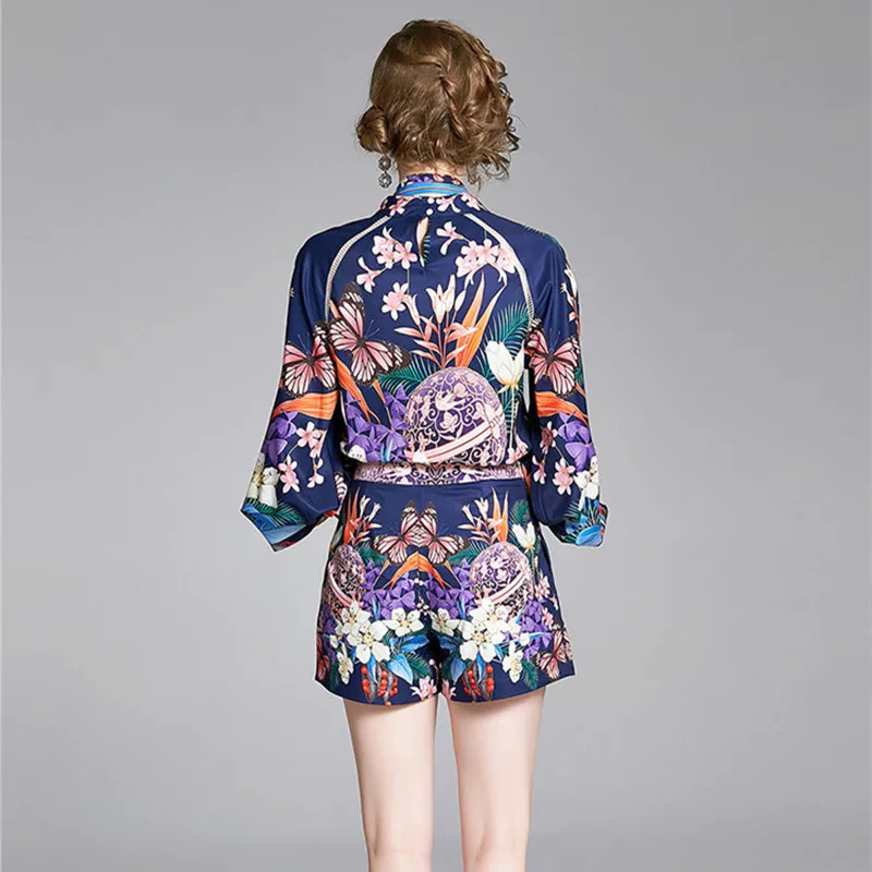 

Banulin Runway Designer Casual Holiday Vacation Shorts Set Women's Lantern Sleeve Print Blouses + Shorts Two Pieces Set Suit