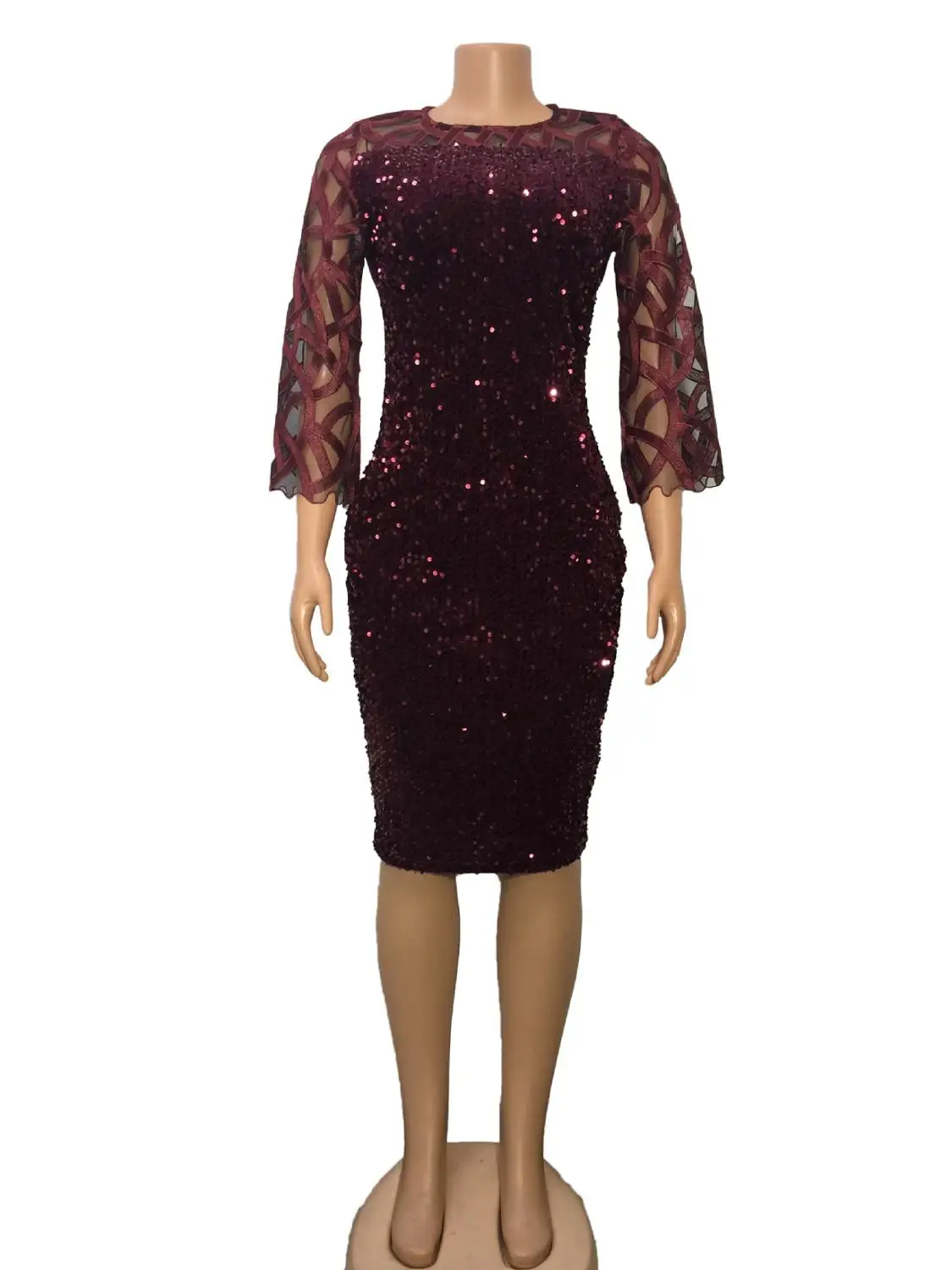 

Long Sleeve See Through Spilting Elegant Dresses Women Wine Red Sexy Sequin Knee Dress Slim Female Mesh Bling Party Pencil Dress