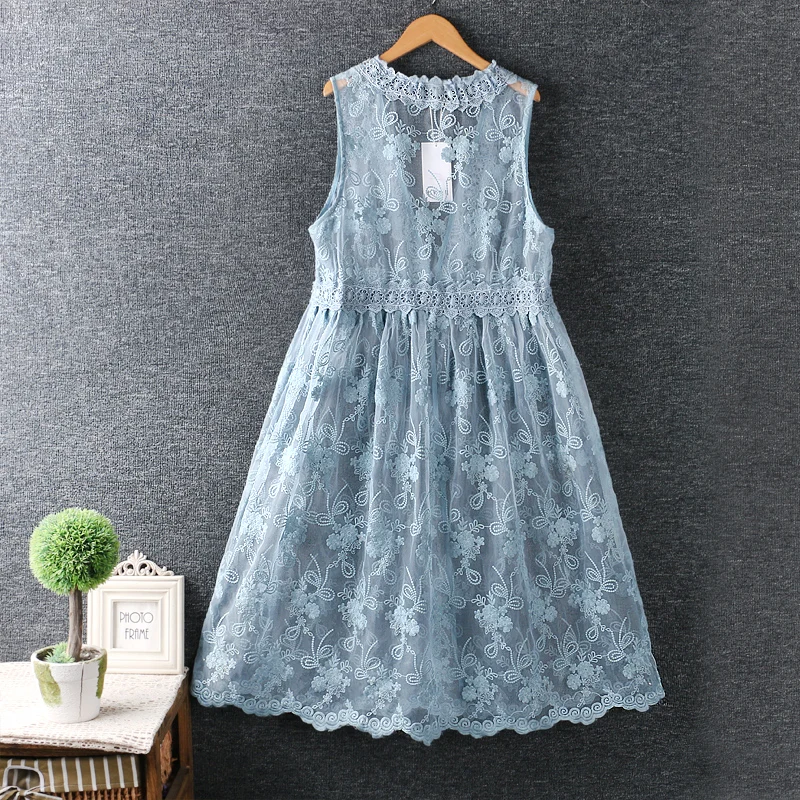

Spring Summer sleeveless Sexy V neck dress Sweet solid embroidery floral dress see through organza lolita princess dress