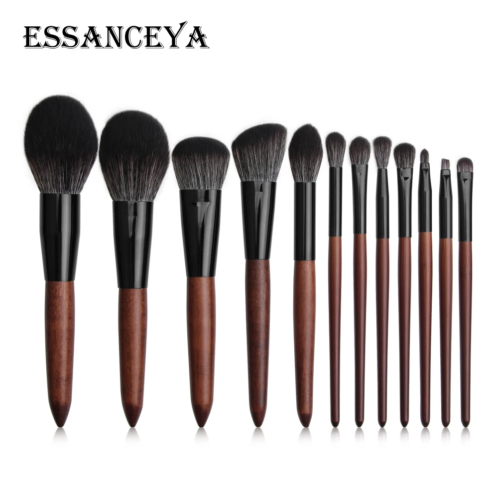 12pcs-wooden ESSANCEYA деревянная ручка 12 шт наборы кистей для макияжа, косметические кисти глаз тени для век, хайлайтер Румяна Пудра Foudnation кисти для макияжа - Handle Color: 12pcs-wooden