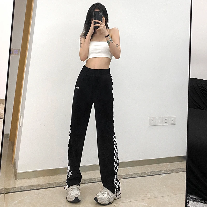 

Women's Plaid Pants High Waist Loose Slimming Casual Party Street Side Grid Straight Long Black Clothes Trousers Streetwear Y2K