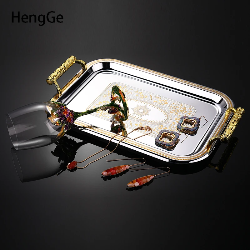 

Rectangle Trays Decorative Golden Relief Resin Handle Bedroom Makeup Organizer Bathroom Decoration Accessories Storage Tray