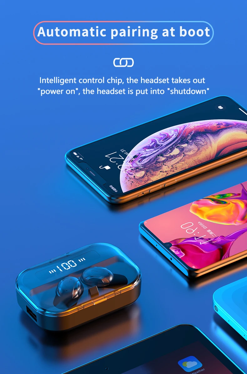 Ture Беспроводные стерео Bluetooth наушники с микрофоном, дисплей питания, музыкальная кнопка управления, Bluetooth наушники-вкладыши для смартфона
