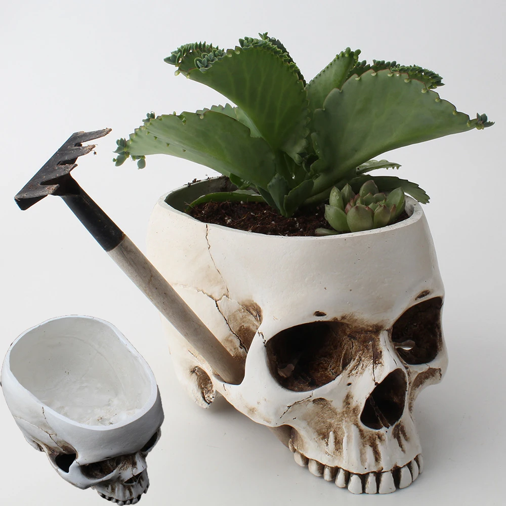 

Skull Desktop Flower Pot Characteristic Resin Skull Vase Ashtray Kitchen Fruit Tray Organizer Crafts Vase Breathable Flower Pot