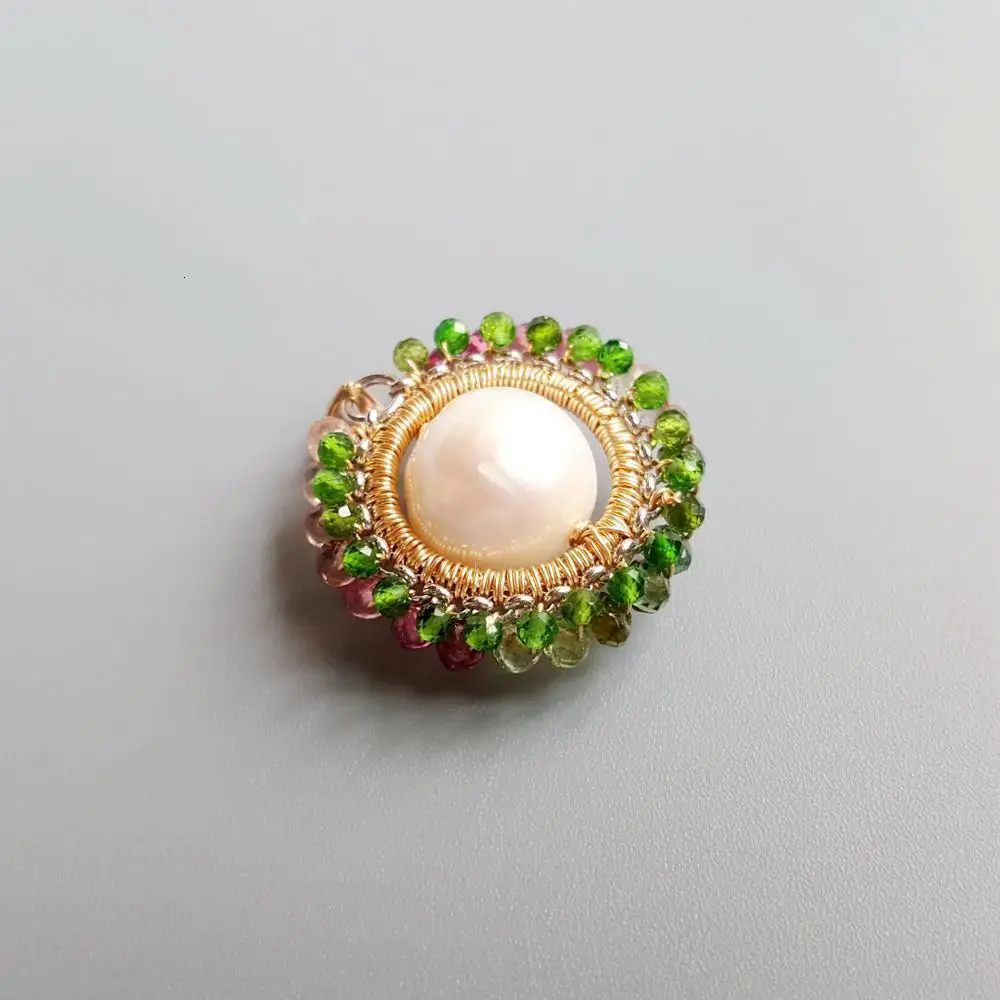 LiiJi Unique Genuine Stone Tourmalines Diopsides Pearl Pendant S925 Sterling Silver Planet Series Handmade Double Color Pendant