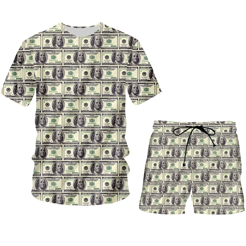 

IFPD 3D Print Dollar Funny Plus Size Men's Set T Shirt And Shorts Paper Money Puzzle Tracksuit Pullover Home Suit Summer Clothes