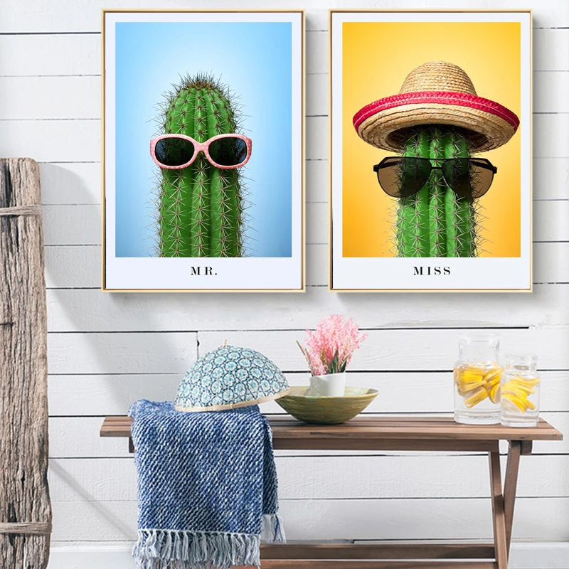 

Customized Funny Style Green Succulent Wall Painting Cactus with Hat and Sunglasses Modern Hot Sale Fashion Canvas Print Poster