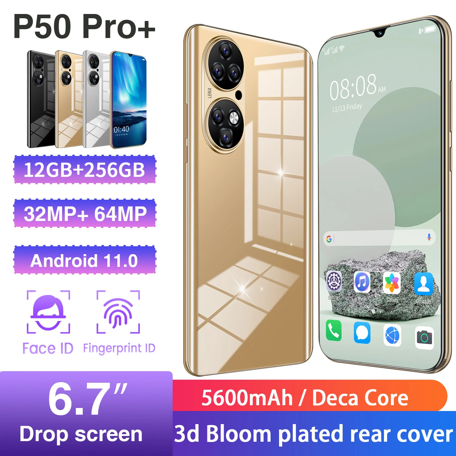 

Global Version 2021 P50 Pro+ 6.7Inch 12GB+256GB 32MP+64MP MTK6893 10 Core 5G Network 1440*3200 5600MAH Face ID Android 11.0