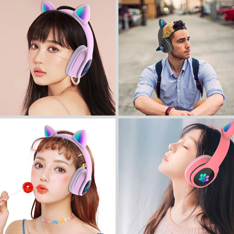 

LED Shining Cat Cut Bluetooth 5.0 Earphone Wireless Headphones Gaming Colorful Headset With MIC Best Gift for Kids Adult