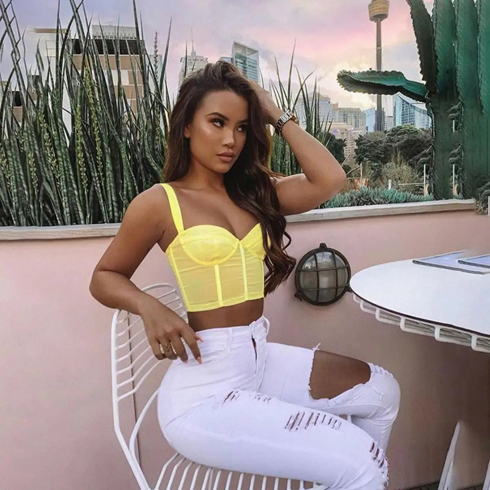 Женский топ бюстье без рукавов желтый черный с открытой спиной на лето 2019|Топы| |
