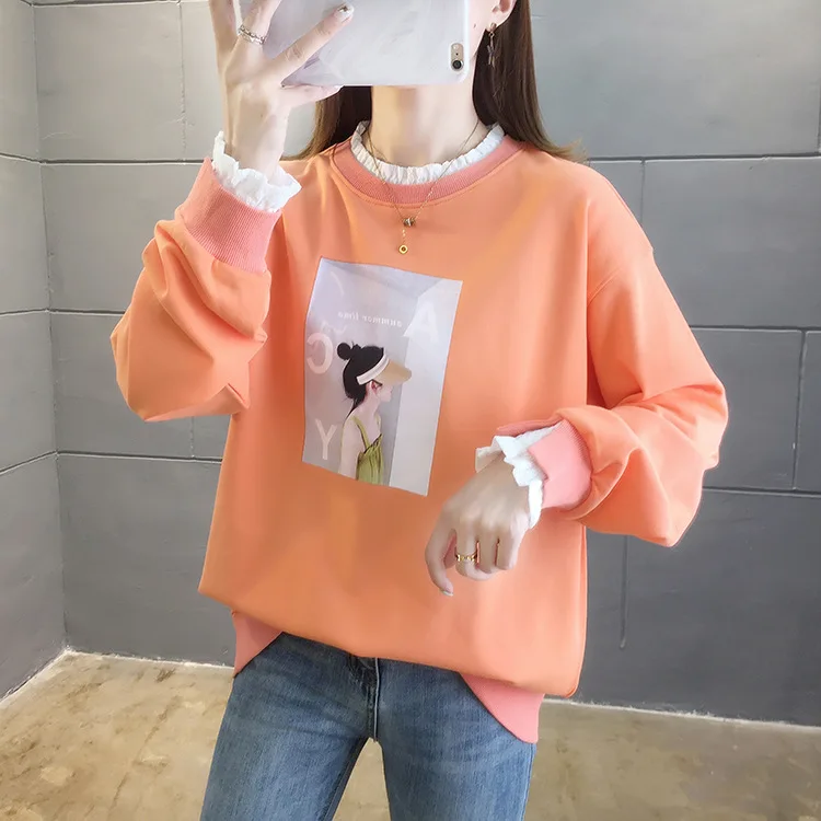 

New Autumn/winter Korean monogram print with velvet and thickened hoodie for girls loose oversize schoolgirl coats