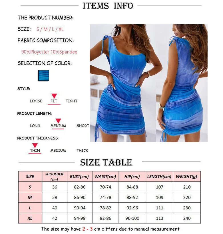 

Womens Fashion Tie-dye Print Dress Summer Casual Sexy Sleeveless Vest Style Lace up Pleated Drawstring Short Mini Dress