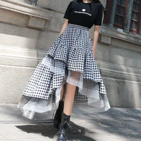 autumn 2020 new fashion womens black and white plaid patchwork crotch skirt irregular mesh high waist ball gown skirts q727