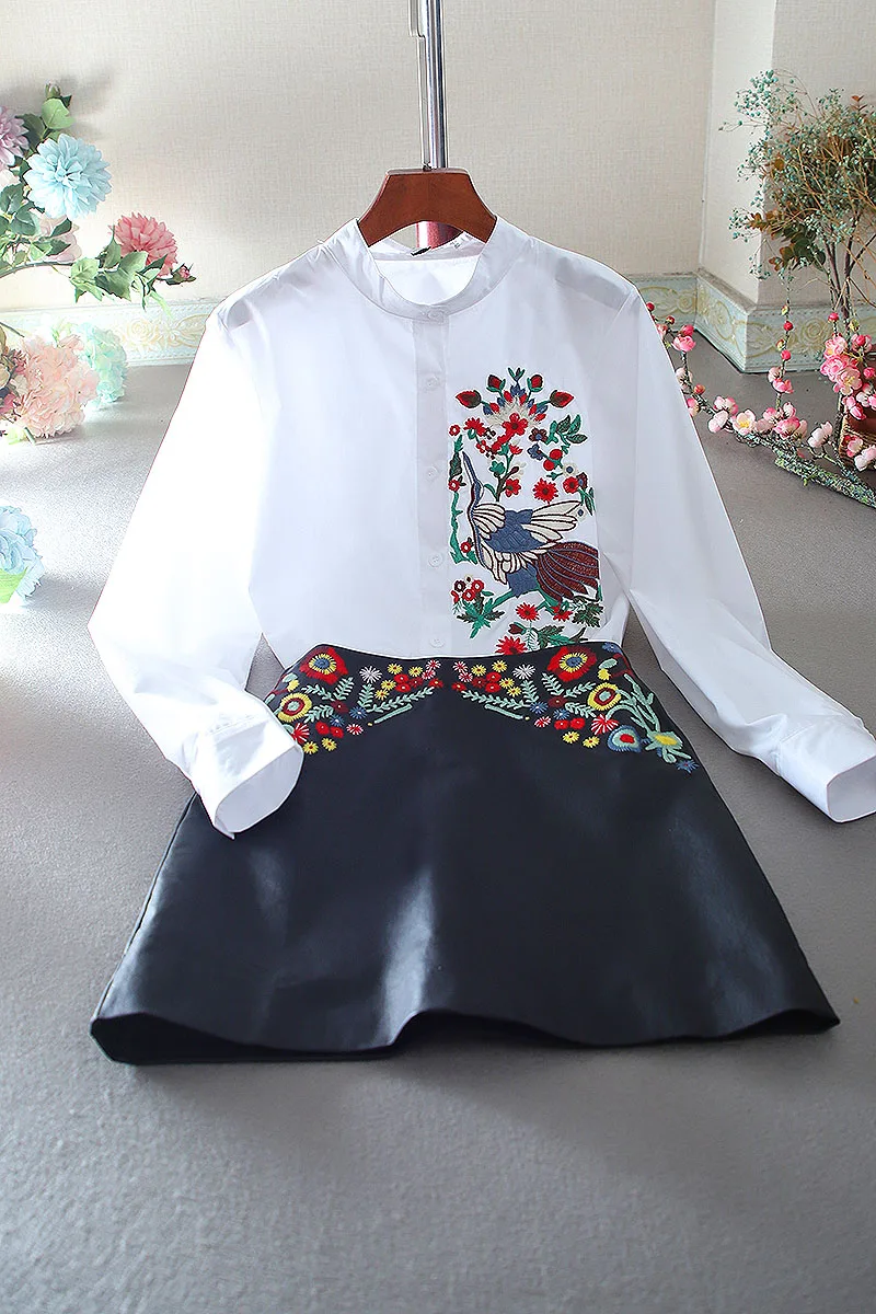 

SuperAen Retro Embroidery Flower Long-sleeved Shirt Fashion Design Leather A-line Skirt Fashion Two Piece Set Women