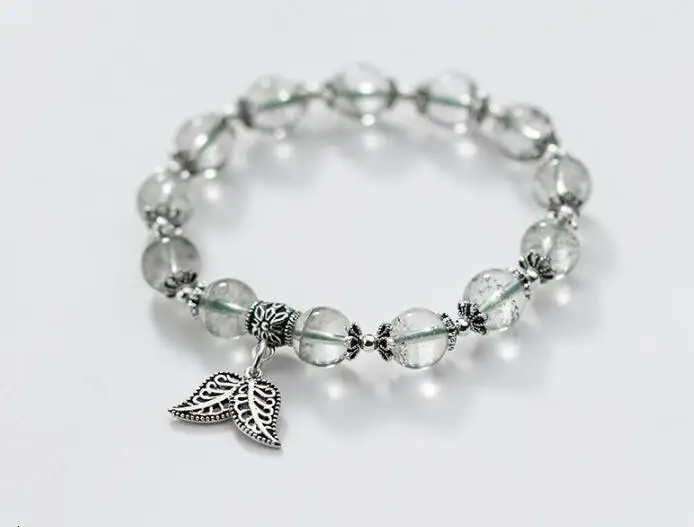 

REAL. Authentic 925 Sterling Silver Fine Jewelry lucky ball retro Green Phantom Quartz Stone &Leaf Chain Bracelet GTLS820