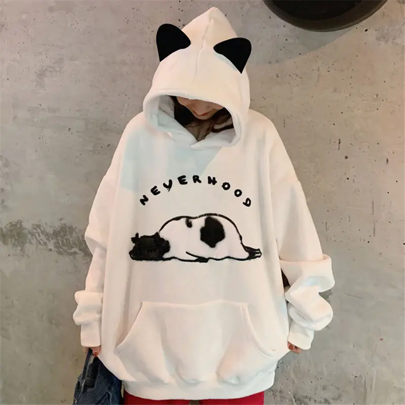 

Deeptown Cow Embroidery Hoodies Korean Sweatshirt Women Autumn 2021 Fashion Long Sleeve Tops Kawaii Loose Casual Pullover Women
