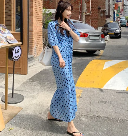 

2019 Autumn Women Retro Loose Polka-dotted Chiffon Dress Female Summer Five-point Sleeves Slim Waist Loose Long Dress