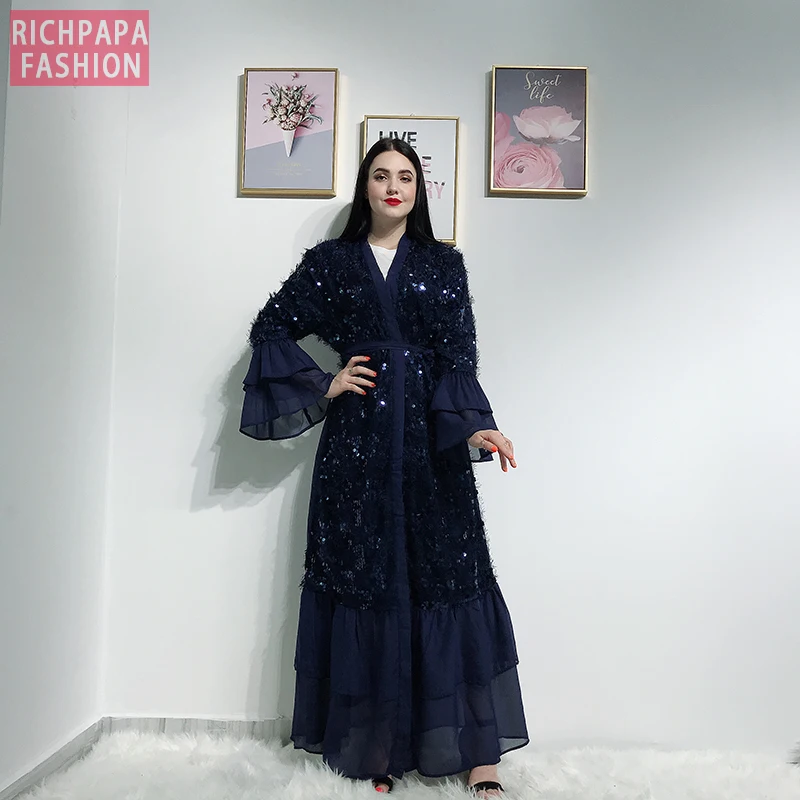 Кимоно с пайетками открытые абаи Дубай кафтан ислам мусульманский хиджаб платье