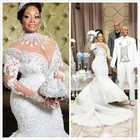 Роскошные Кристаллы Vestido de noiva 2019 размера плюс Русалка Свадебные платья с высоким воротом Длинный рукав в арабском стиле платье невесты