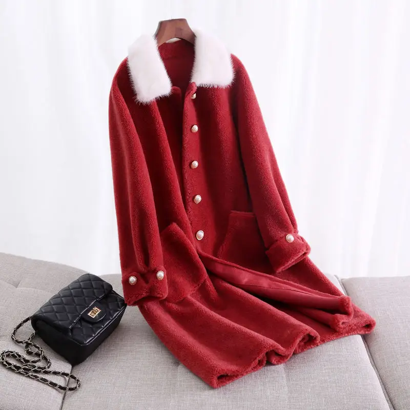 Женская замшевая куртка с воротником из меха норки зимняя 100% шерсти и