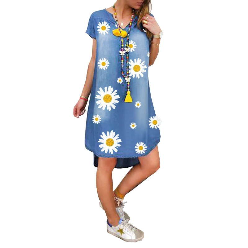 

Women V-Neck Short Sleeve Floral Print Mini Jeans Dress Ladies Loose Denim Dress Casual Summer Beach Irregular Dresses Vestidos