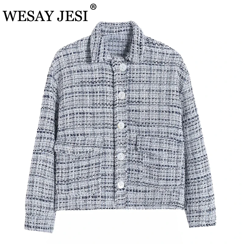 

WESAY JESI Women Oversized Tweed Plaid Shirt Coat Spring 2021 Loose Ladies Checked Overshirt Breasted Fashion Jacket Outerwear