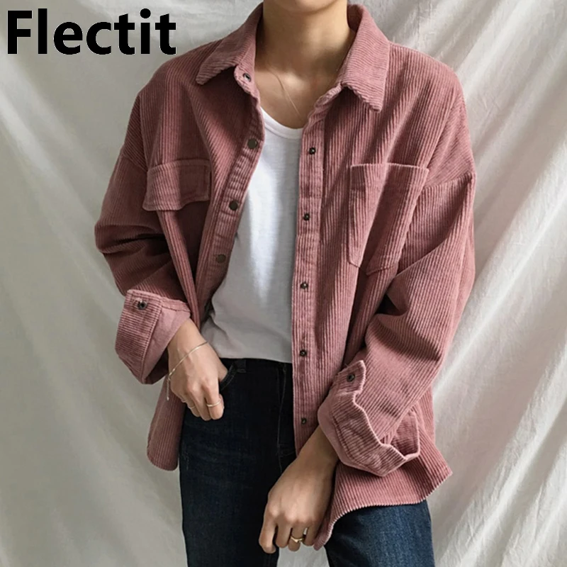 

Flectit Dusty Pink Overshirt Women Shirt Jacket Patch Pocket Snap Button Long Sleeve Corduroy Shacket Female Fall Winter Outfit