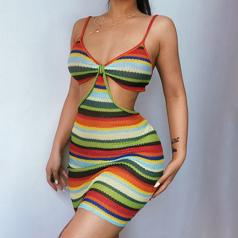 

Ls21252 color matching suspender dress women's 2021 summer rainbow cut out one step dress with buttocks