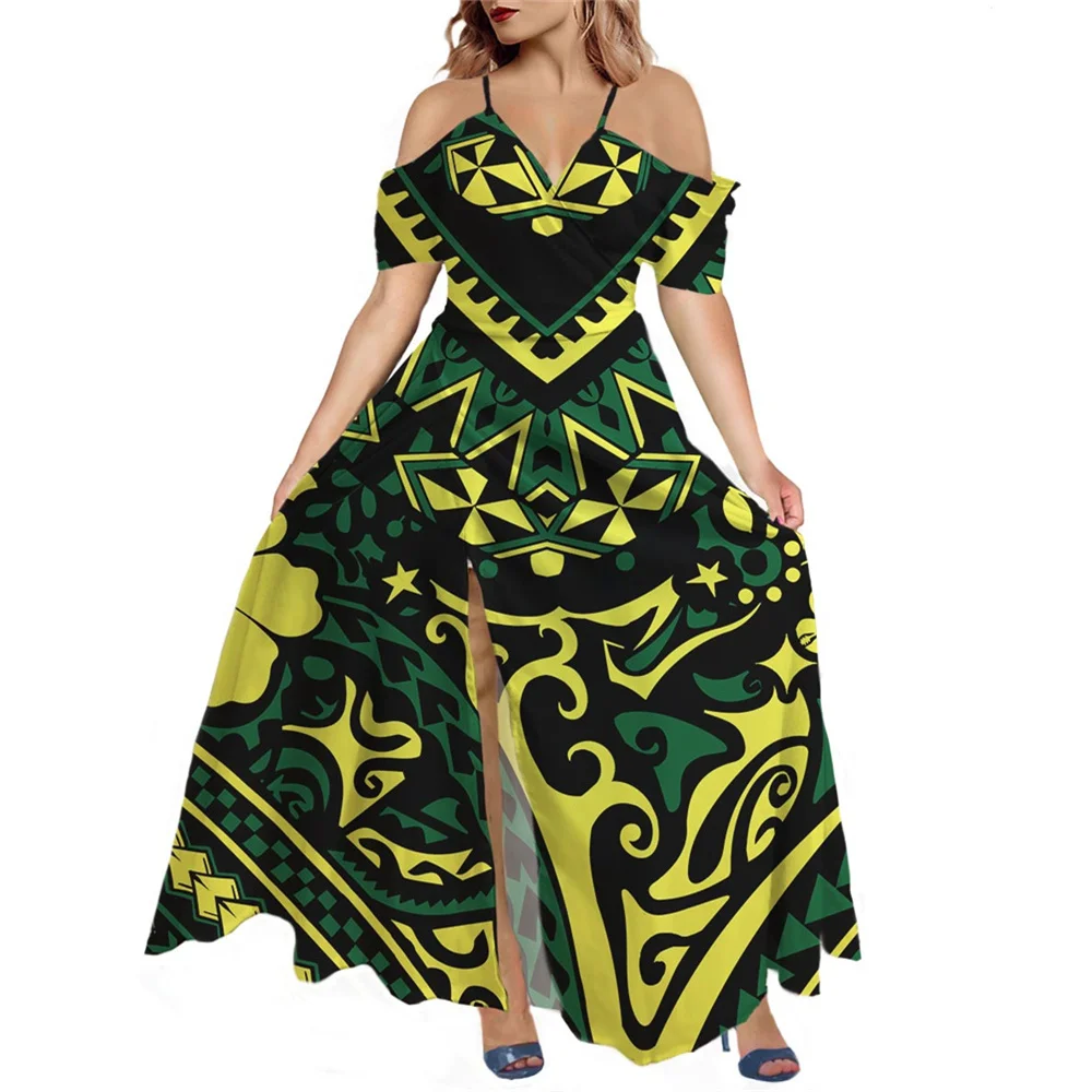

HYCOOL Dress Fall Fashion Boho Elegant Ladies Clothes Sleeveless Samoa Floral Print Slit Long Dresses For Women New Arrival 2021