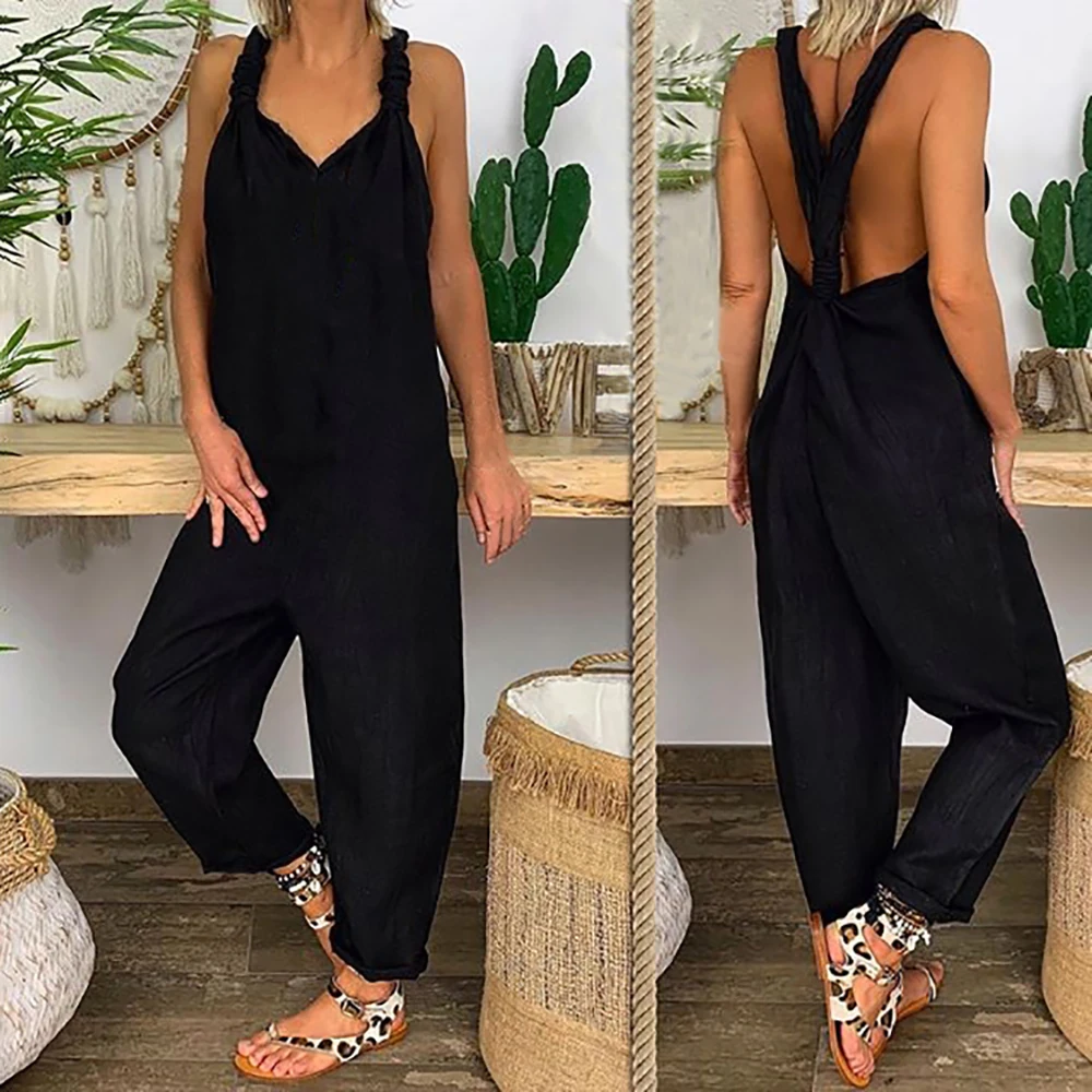 

2020 Hot Sale Solid Strappy Bodysuit Casual Jumpsuit Women Dungarees Vintage Loose Long Overalls Fashion Rompers Ropa Mujer