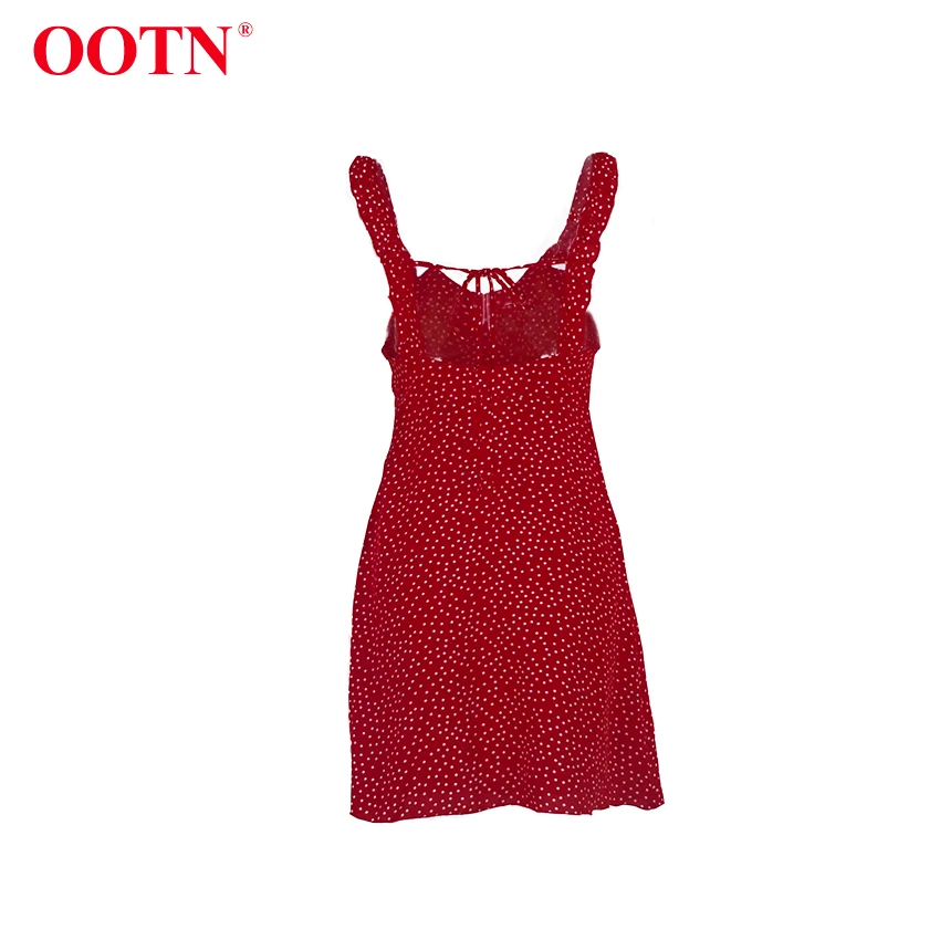 OOTN платье в красный горошек с оборками, женское летнее платье с открытой спиной на шнуровке, элегантное платье без рукавов на бретельках