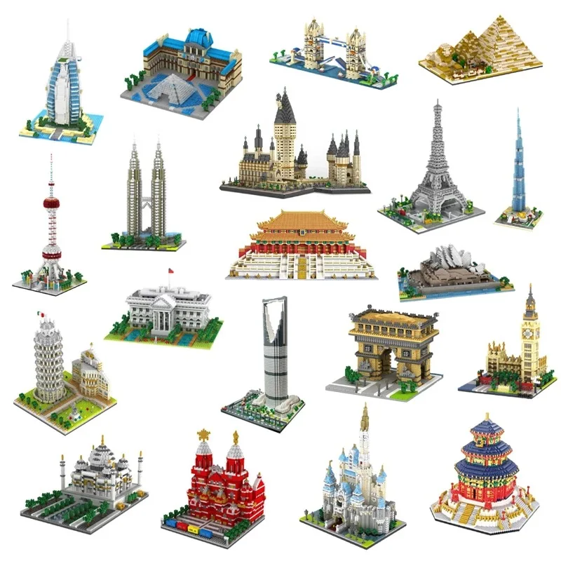 

YZ City Architecture Building Blocks Castle Louvre Museum Notre Dame De Paris Khalifa Tower Pyramid Bridge Micro Brick Toys