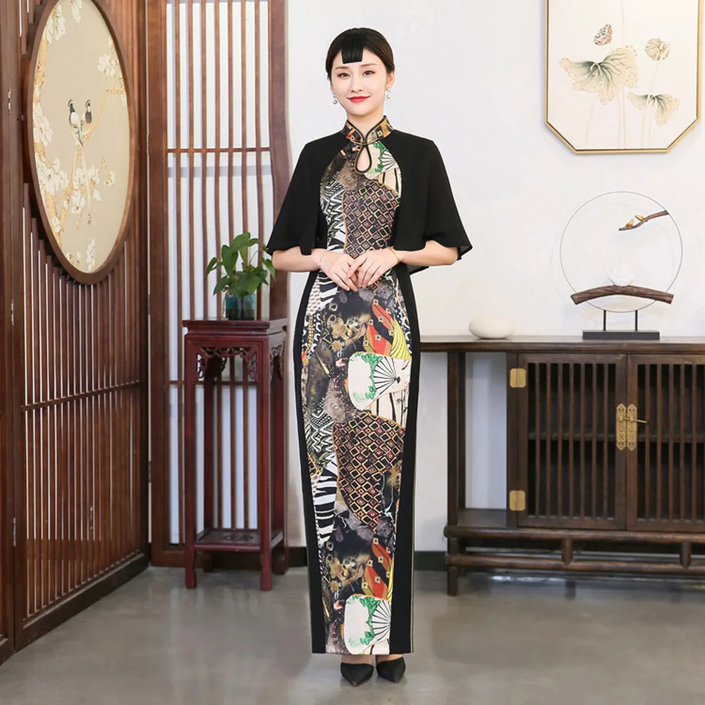 

Retro Shawl Sleeve Stitching Hit Color Printing Slim Long Cheongsam New Chinese Style Stand Collar High Split Ladies Sexy Qipao