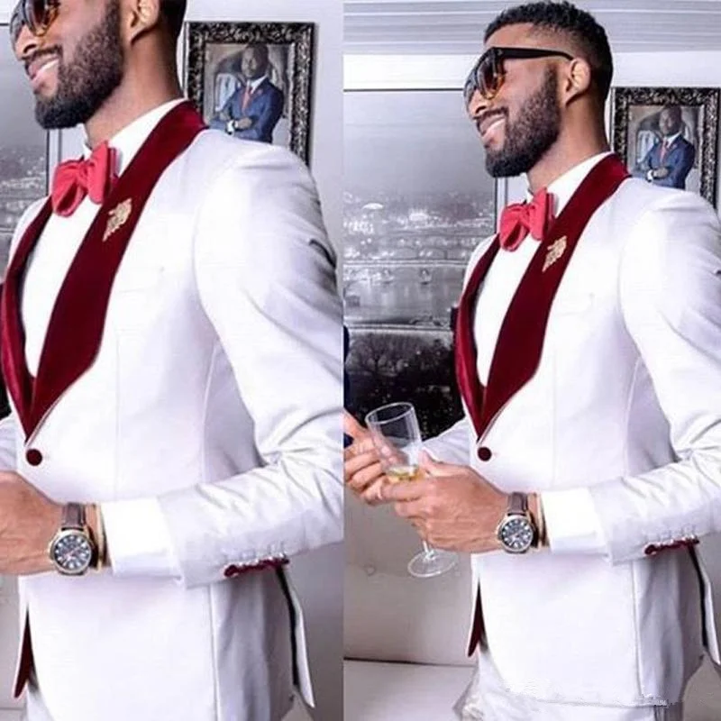 

Wine Red Velvet Lapel Party Mens Suits for Wedding One Button Groomsman Work Wear Groom Slim Fit Man Tuxedo Suit Coat+Pants