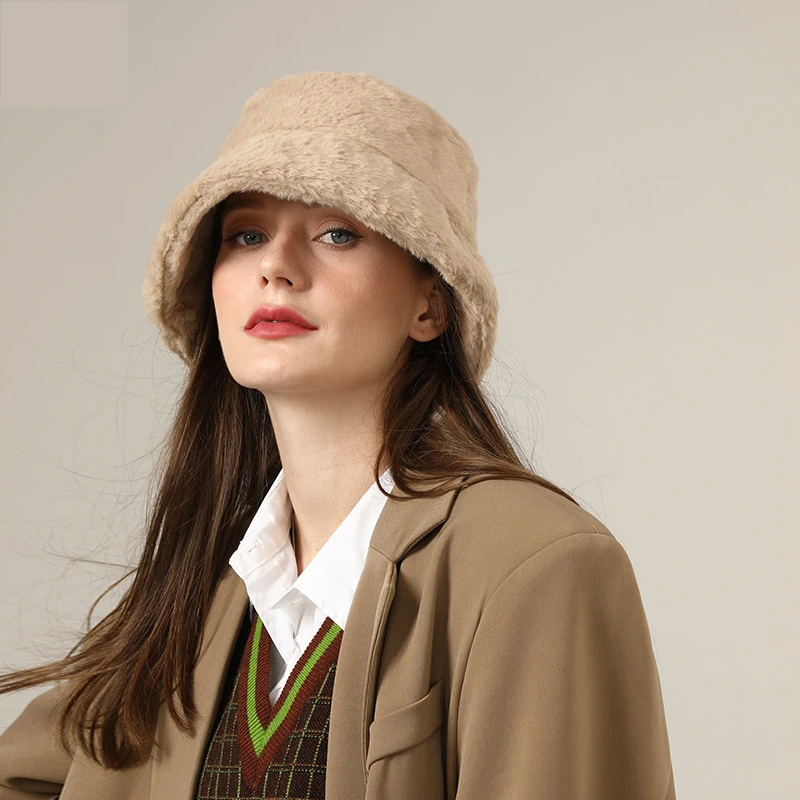 Fashion Color Contrast Bucket Hat Female Autumn Winter Lovely Plush Fisherman Hat Outdoor Warm Hat Windproof Cap