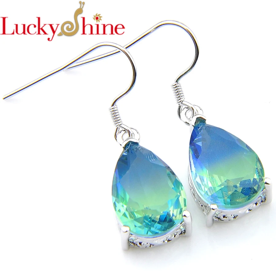 Новинка Luckyshine женские модные ювелирные изделия Зеленый Кристалл циркония серьги Би цветные турмалин серебряные Висячие серьги леди