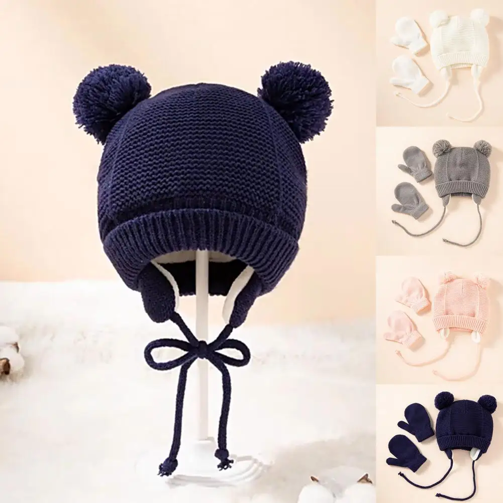 

Plush Autumn Winter Solid Color Knitted Kids Cap Gloves Set for Riding