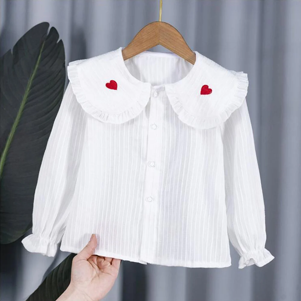 

Girls White Blouse Cotton Peter Pan Collar Spring Autumn Kids Long Sleeve Tops Christmas Children Clothing