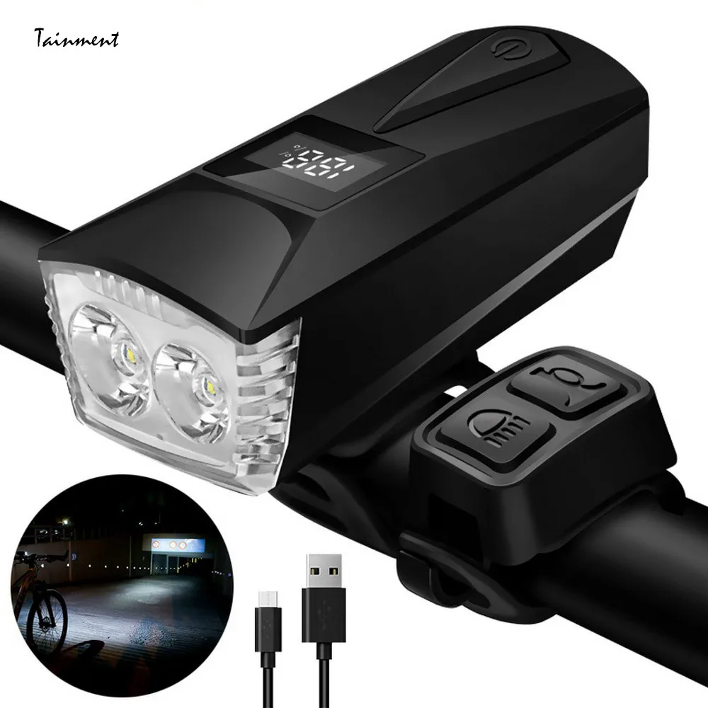 

T6 LED Headlight 4 Modes Cycling Flashlight USB Rechargeable Bicycle Front Light Digital Display Bike Horn Lamp for Safe Cycling