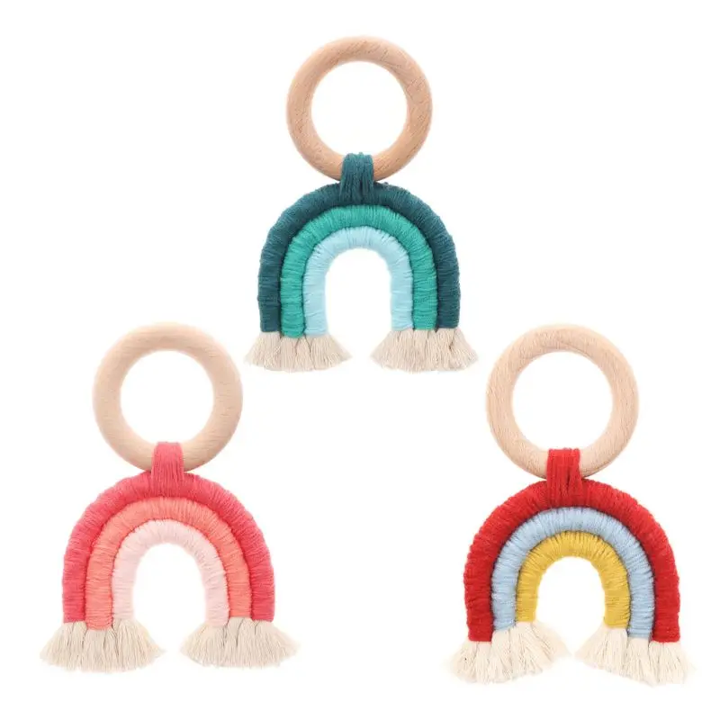 

Rainbow Tassel Macrame Wooden Boho Baby Teether Cotton Cord Wood Teething Toy Shower Gift Care Toothbrush Nursing