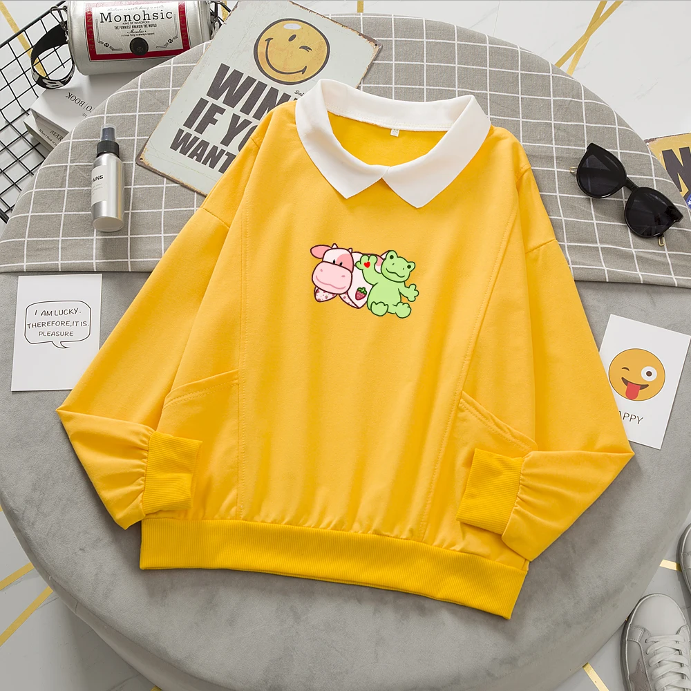 Kawaii Frog and Cow Print Woman Hoodie Plus Size Cotton Funny Graphic Sweatshirt Cute Cartoon Sweetshirt for Girls Aesthetic Top