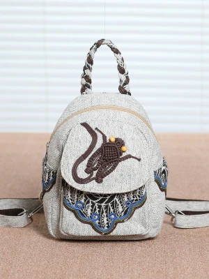 

Fashion national string appliques women shopping backpacks!Nice Vintage Embossing lady small backrack All-match canvas backruck