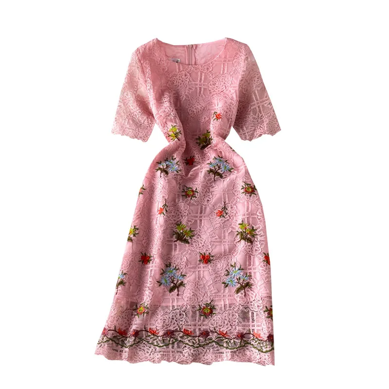 

of 2021 the new round collar show A word of tall waist elegant embroidery lace bag hip dress with short sleeves