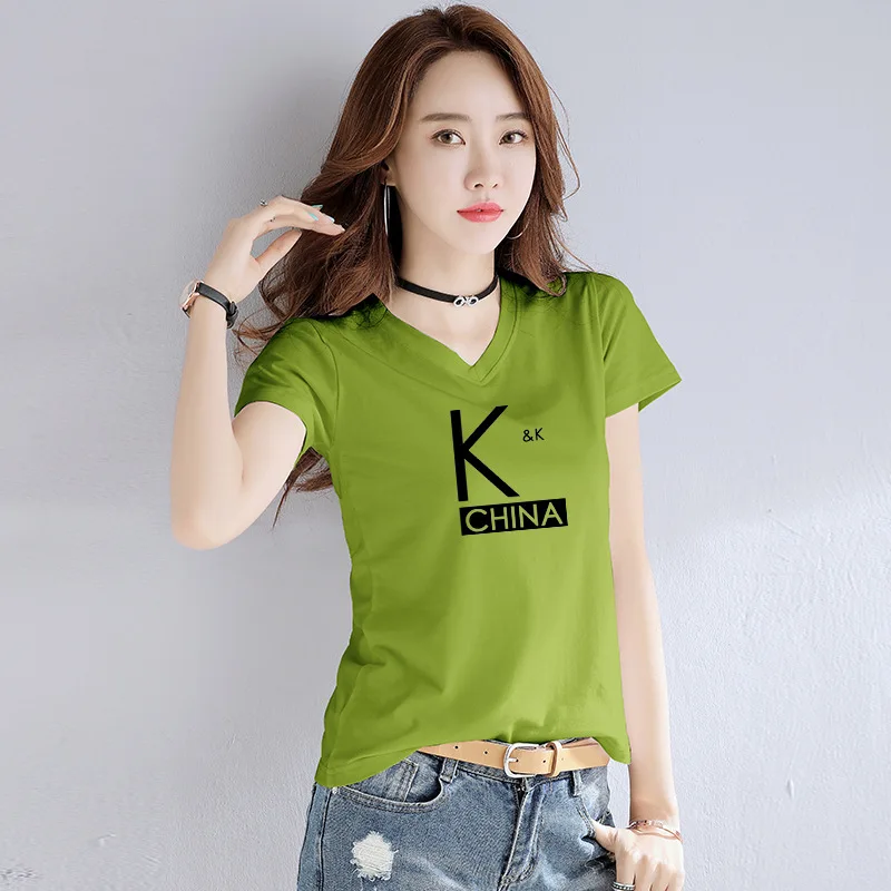 

Tshirt Women Candy Color Tees t Shirt Woman Short Sleeve v-Neck Female t-Shirt Letter Slim Pullover Tee Shirt Femme Summer New