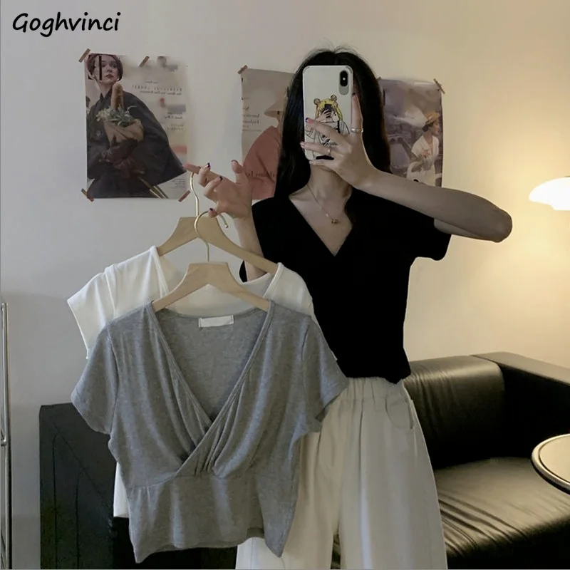 

Футболки с короткими рукавами для женщин футболка летние однотонные размера плюс M-4XL мода, v-образный вырез, простое в уличном стиле пикантн...